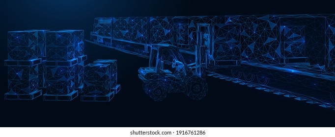 International railway cargo delivery. The forklift truck loads the goods into the train container. Polygonal construction. Blue background.