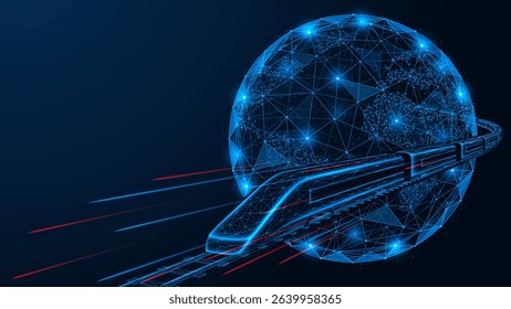 International railway route. The train travels around the planet Earth. Polygonal design of interconnected elements. Blue background.