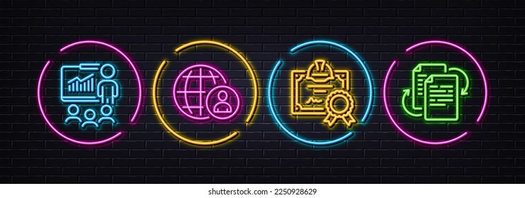 International recruitment, Certificate and Presentation minimal line icons. Neon laser 3d lights. Bureaucracy icons. For web, application, printing. Vector