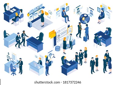 International recruitment isometric set with screening applicants online selecting interviewing candidates training evaluating employing professionals vector illustration 