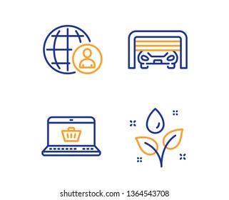 International recruitment, Parking garage and Online shopping icons simple set. Plants watering sign. World business, Automatic door, Notebook with shopping cart. Water drop. Business set. Vector