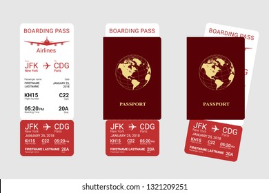 International red passport and vertical boarding pass. Vector illustration.