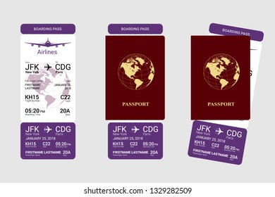 International red passport and vertical boarding pass. Vector illustration.