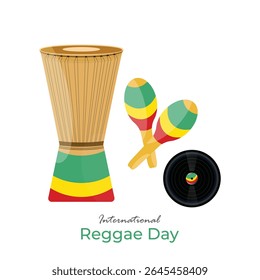 O Dia Internacional do Reggae é celebrado anualmente em 1º de julho. LP Disco de vinil, djembe e Maracas.