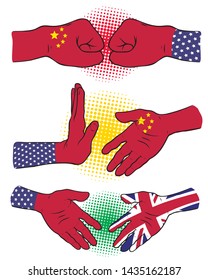 international relations between China England and the United States of America. Hand and fist. Business concept with Vector illustration elements.