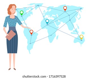 International relations and business vector, woman with document presenting world map with strategic partners location points. Connection between dots