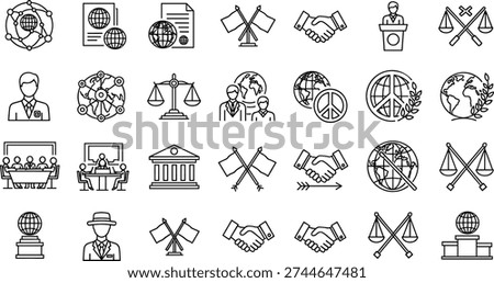 International Relations and Global Diplomacy Icon Set Featuring Peace Treaties, Justice Scales, Government Negotiations, World Cooperation, Law, and Political Leadership Symbols