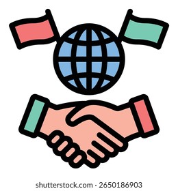 International relations icon flat line style illustration representing global diplomacy and cross-border cooperation, suitable for political science, global affairs, and international studies projects