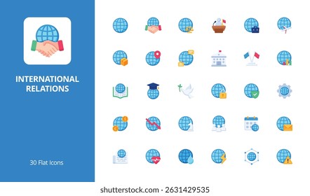 Ícone de Relações Internacionais Definido com estilo plano. Perfeito para conteúdo de IU, infográficos ou mídia social relacionado a relações internacionais, diplomacia ou geopolítica.