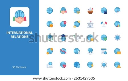 International Relations Icon Set with flat style. Perfect for UI, infographics, or social media content related to international relations, diplomacy, or geopolitics.