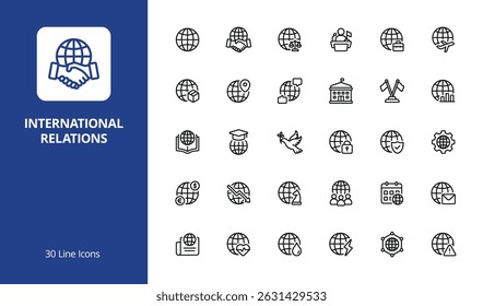 Ícone de Relações Internacionais Definido com estilo de linha. Perfeito para conteúdo de IU, infográficos ou mídia social relacionado a relações internacionais, diplomacia ou geopolítica.