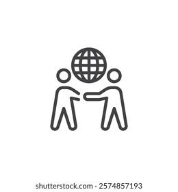 International Relations line icon. linear style sign for mobile concept and web design. Two person handshake and globe outline vector icon. Cooperation, global partnership symbol, logo illustration