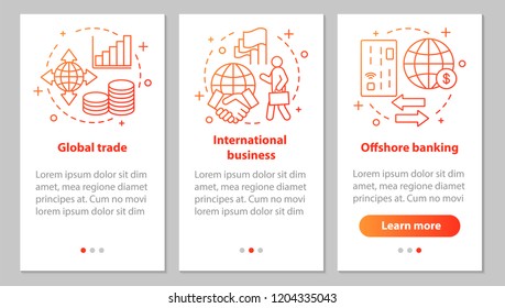 International relations onboarding mobile app page screen with linear concepts. Offshore banking, global trade, international business steps instructions. UX, UI, GUI vector template with illustration
