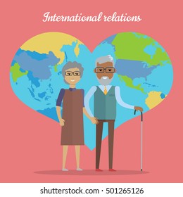 International relations. Travel in old age concept. Elderly couple going on journey. Grandparents with map in form of heart at background. Picture for travel agency ad, recreation retired illustrating