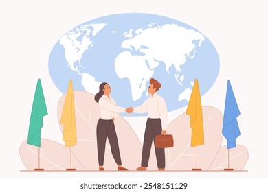 Relações internacionais, reunião de políticos ou diplomatas estrangeiros, acordo de parceiros globais. Handshake de homem minúsculo e mulher perto do mapa do mundo e bandeiras do país cartoon vetor ilustração