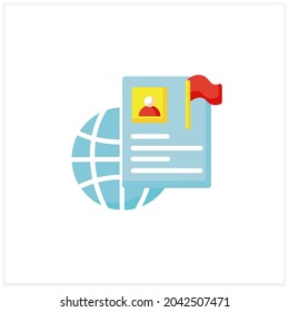 International resume flat icon. Abroad employment. Foreign country employee. Global job search. Personal information, cv. Job, recruitment, career growth concept. Isolated vector illustration