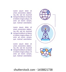 Recorrido internacional, icono de concepto de cobertura de internet con texto. Uso de la red de proveedores extranjeros. Plantilla vectorial de página PPT. Folleto, revista, elemento de diseño del folleto con ilustraciones lineales