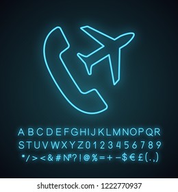 International roaming neon light icon. Flight mode. Handset with plane. Glowing sign with alphabet, numbers and symbols. Vector isolated illustration