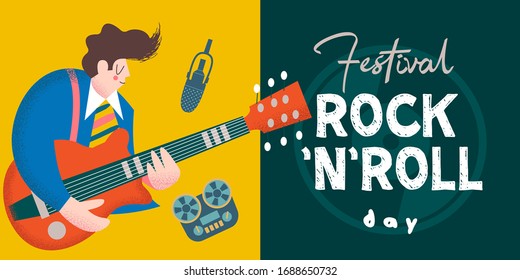 International rock and roll day. Vector template for festival posters, rock and roll day parties.