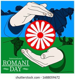 International Romani Day banner flag and wheel inscribed in the inscription holding hands icon flat in modern colour design concept on isolated white background. EPS 10 vector.