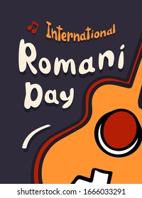 International Romani Day. Colorful poster or greeting card for distinct ethnic and cultural group of nomadic gypsy. Gutar and dance concept in red yellow and violet color spectrum.