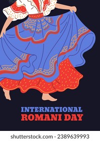 International Romani Day on 8 April banner or poster design with colorful skirts of female gypsy traditional folk costume, flat vector illustration on dark background.