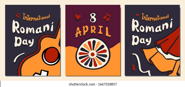 International Romani Day set. 3 posters or greeting cards with digital draw lettering, gutar, wheel and skirt hemline. Concept of romanipen and gypsies. 