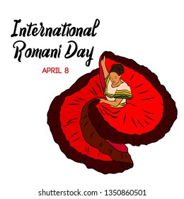 International Romani Day Vector Illustration.Gypsy girl dancing flamenco with a beautiful shawl, like a fabulous bird.Vector image of a dancer Latin dance in a red dress