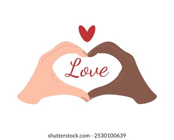 Relaciones románticas internacionales. Gesto de amor de pareja encantadora. Ilustración vectorial dibujada a mano en estilo plano. dos manos están haciendo gesto de amor con las manos en color blanco y negro con forma de corazón