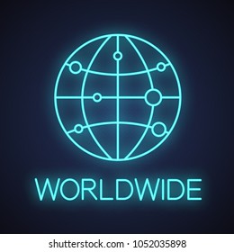 International route map neon light icon. Globe with destination points. Worldwide trade, tourism glowing sign. Vector isolated illustration