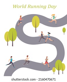 International Running Day. Vector illustration. People, men and women, are running along the path in the park.