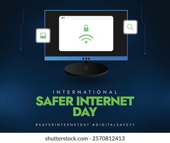 International Safer Internet Day. Internet Safety or Cyber security awareness post with Computer screen, WiFi sign and search icon. Online Security awareness and education banner.