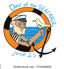 International sailor day. Sailor fishing net. Day of the Seafarer. June 25. Holiday concept. Greeting card with anchor and with stripes. Vector illustration, for cards, posters, 