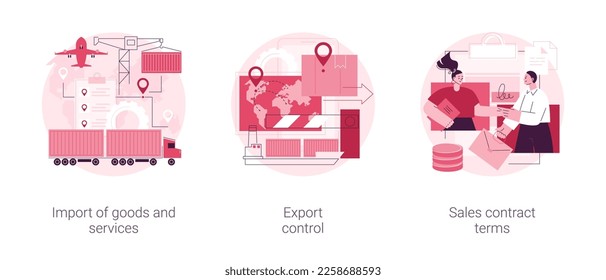 International sales abstract concept vector illustration set. Import of goods and services, export control, sales contract terms, delivery terms, payment and business agreement abstract metaphor.