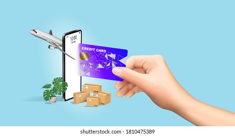 International sales and ordering of goods and services via credit card with mobile phone, concept business communication Import and export products between countries all over the world