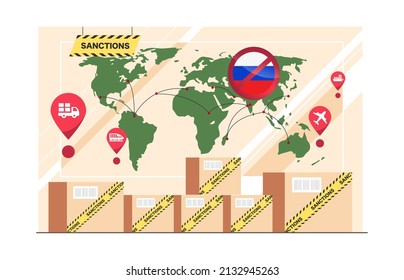 International sanctions against Russia concept. Limited import and export, trading ban, bank account ban, financial and economic sanctions vector illustration. Stop cargo traffic and collaboration.