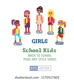 International school kids, happy student pixel art character, girls with a backpack. Isolated vector illustration. Design for app, game developers and motion graphics.