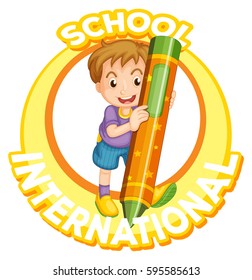 International school logo with boy and giant crayon illustration