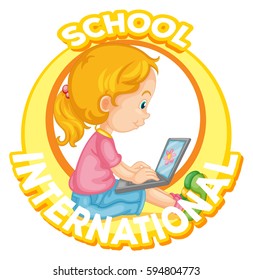 International school logo design with girl working on computer illustration