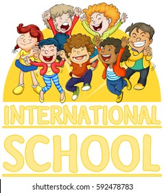 International School Sign With Happy Children Illustration