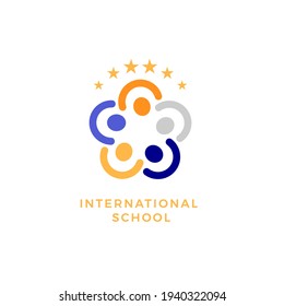 International school, social community flat vector logo concept. Human group, person together isolated icon. Team, friendship, partnership, support abstract emblem for business and education