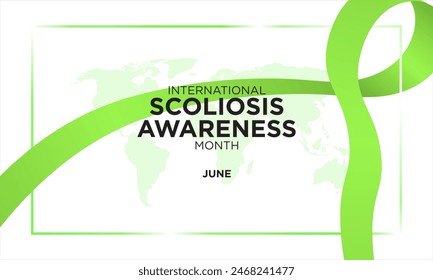 International Scoliosis Awareness Month Banner with green awareness ribbon. Celebrated on June to highlight the growing need for pubic education, early detection and awareness about scoliosis. Vector.