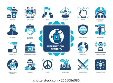 International Security icon set. Convention, Liberalism, Human Security, Espionage, Core Values, Counterintelligence, Power, State. Duotone color solid icons