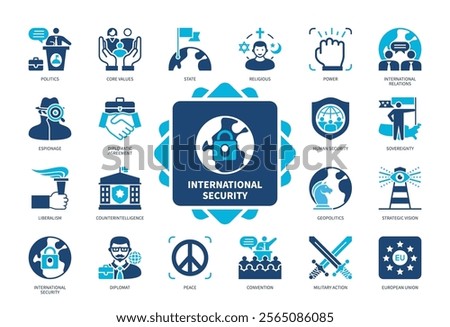 International Security icon set. Convention, Liberalism, Human Security, Espionage, Core Values, Counterintelligence, Power, State. Duotone color solid icons