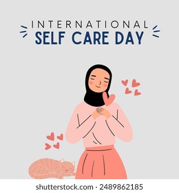 International self care day 24 July, beautiful typography with a girl hugging herself and beautiful cat sleeping