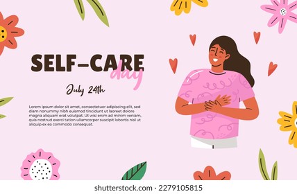 International self care day 24th july. Self love or body positive concept. Cute girl hugs herself. Vector flat postcard.