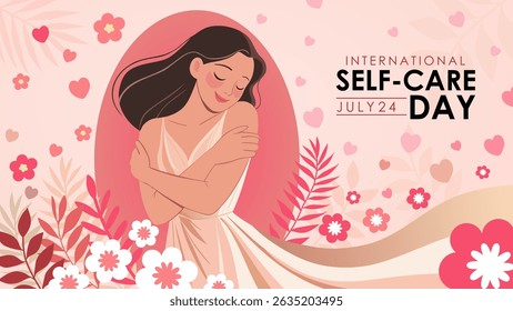 International self-care Day 2025 background template with a beautiful woman figure, flowers and scattered heart symbols with tropical leaves. Great for card, banner, poster and social media.