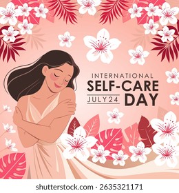 International self-care Day 2025 background template with a beautiful woman figure, flowers and scattered heart symbols with tropical leaves. Great for card, banner, poster and social media.