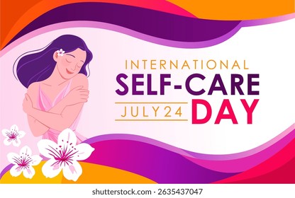 International self-care Day 2025 background template with a beautiful woman figure, flowers and scattered heart symbols with tropical leaves. Great for cards, banners, posters and social media.