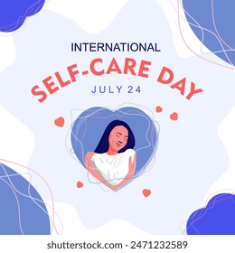 International Self-care Day, vector illustration. love yourself body positive icon or concept. Happy woman hugging her own body